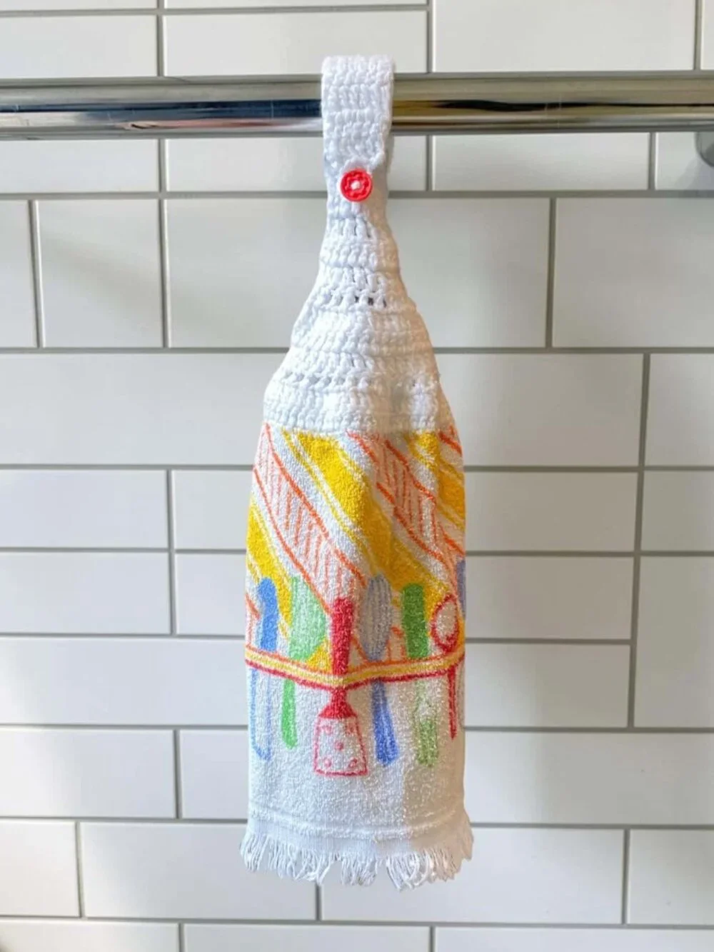 Vintage Crochet Top Hanging Kitchen Hand Towel Retro Utensils Red Button